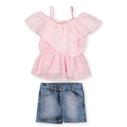 ASKILI PAPATYA DESENLI BRODELI KOT ŞORTLU TAKIM